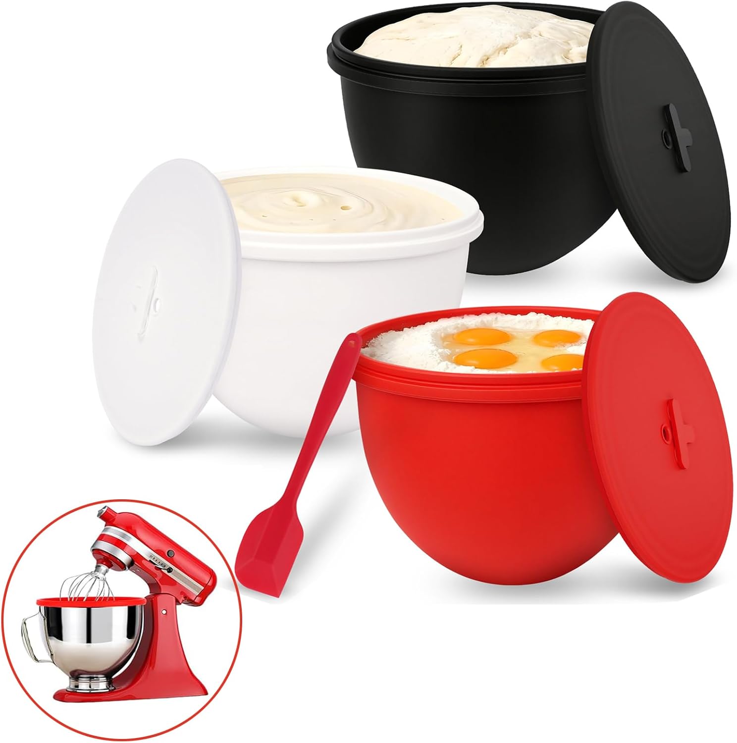 3-Pack Silicone Bowl Liners for KitchenAid Mixer, 5 Qt Tilt-Head Bowl Inserts with Airtight Lids & Scraper Spatula, Reusable Mixing Liners for Efficient Baking & Food Storage