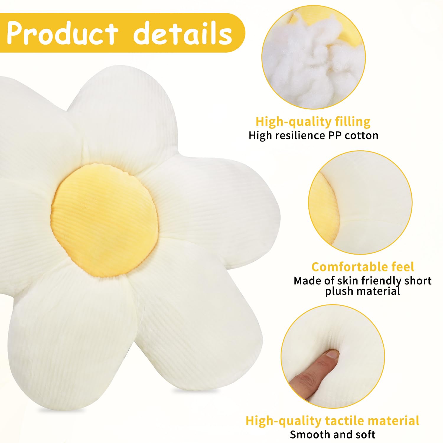 Cuscini di Fiori,Cuscini da Pavimento Fiore,Cuscino Decorativo Margherita per Cameretta Bambini per Camerette, divani, auto（bianco）
