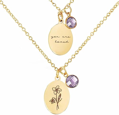 Miniatura 10 de Easter Women's Pendant Necklace, Women's Birth Flower Necklace Stainless Steel 18K Gold Plated Necklace, Birthstone Handmade Oval Coin Necklace for