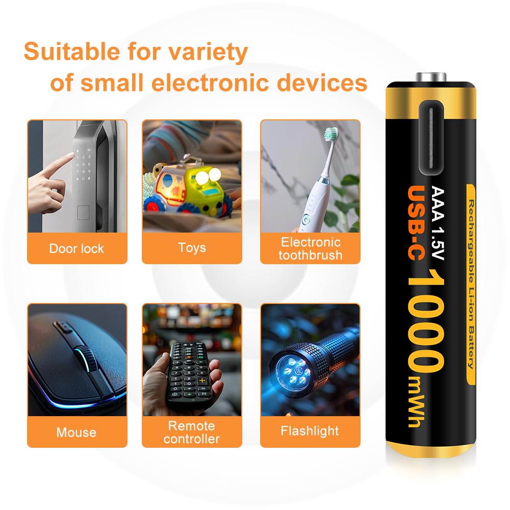 Rechargeable AAA Batteries with Charger,4 Count 1000mWh 1.5V Constant Lithium Triple A Batteries with 4 Bay Smart Battery Charger for Lithium Batteries AA/AAA Rechargeable
