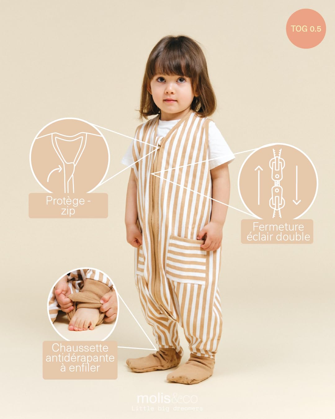 molis&co - Gigoteuse pour bébé avec Pieds et Chaussette - Gigoteuse été - Gigoteuse Bébé Tog 0,5-100% Coton (certifiée Oeko-TEX) - Sand Stripes (2 ans)