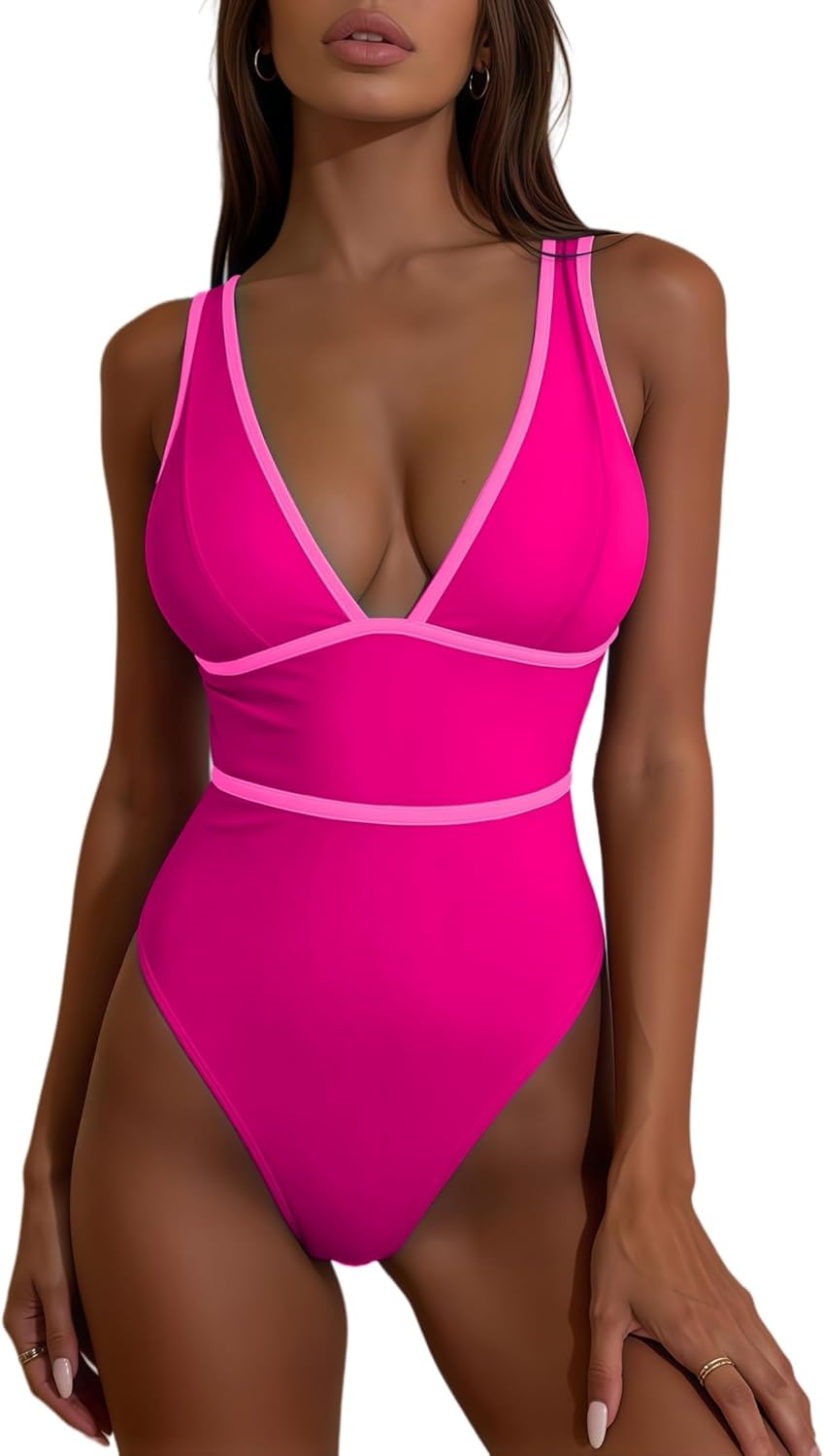 geluboao Women's One Piece Swimsuits Color Block Deep V Neck Tummy Control Bathing Suits Sexy Push Up Triangle Monokini