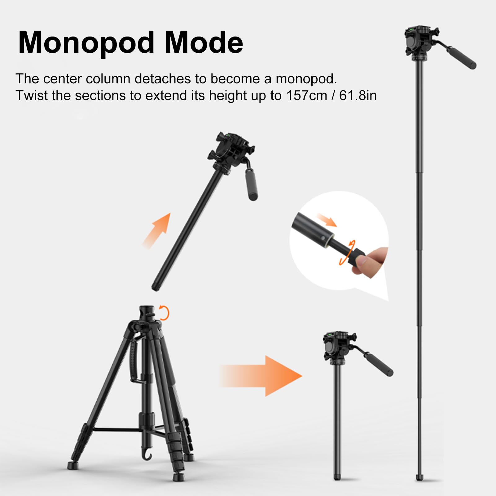 Statyw do Aparatu Monopod, 77-calowy, Poziomy Statyw Wideo z kolumną środkową z 3-kierunkową głowicą obrotową do Wykonywania zdjęć Bezlusterkowych lustrzanką cyfrową,