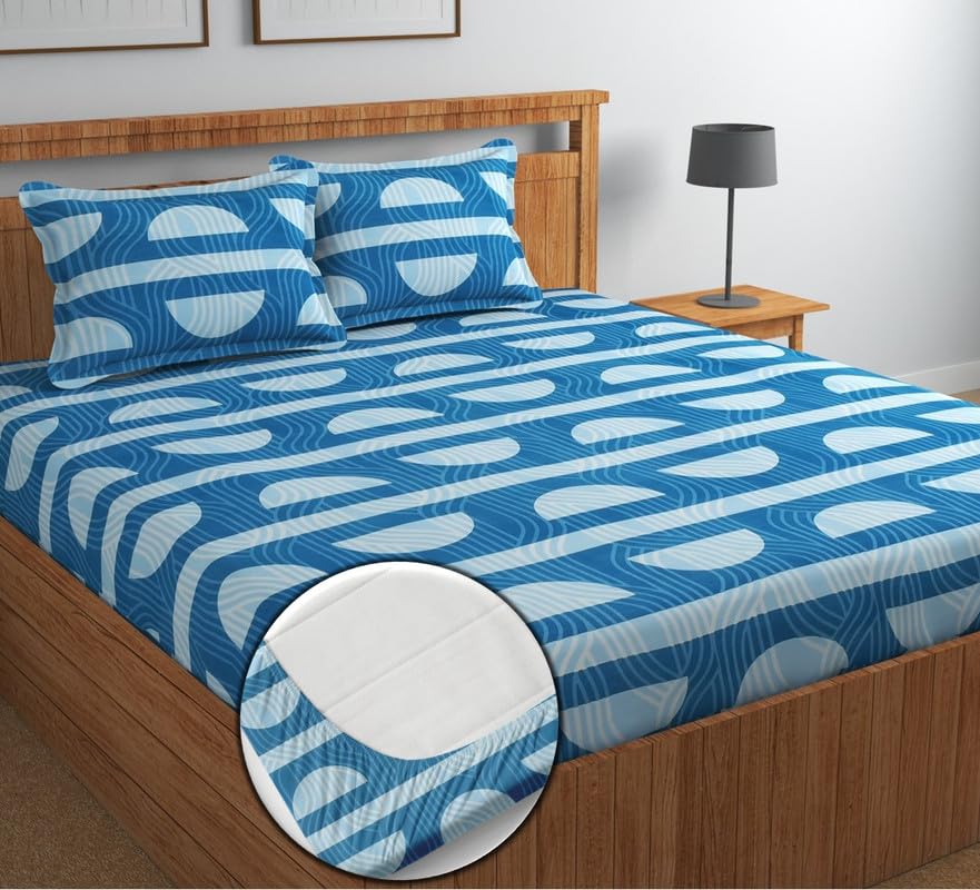 NEW LEAF 220 TC Premium Cotton Elastic Fitted Bedsheets with 2 Pillow Covers|Double/King Bed with All Around Elastic Supersoft Breathable |Size-78 x72+10 inches|Half Cricle Teal Grey