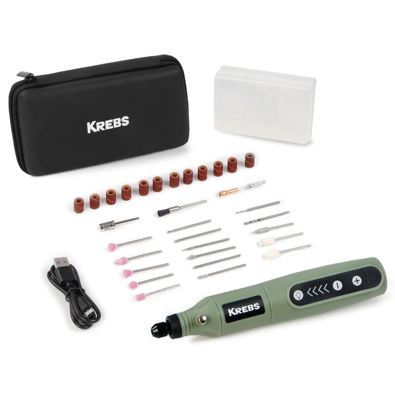 KREBS(クレブス) 充電ミニルーター（リューター）3.6V 電動ルーター 軽量 5段変速 最高18000rpm高速回転 ビット31点セット 照明ライト TYPE-C 充電式 コードレス 彫刻/研磨/切削/穴あけ/汚れ落とし/つや出し DIY軽作業向け