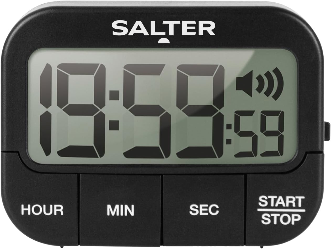 Salter 355 BKXCDU Kitchen Digital Display Count up or Countdown Timer, Adjustable Loud Beeper, Large Start/Stop Button, Memory Function, Magnetic or Self Standing-Black, Plastic