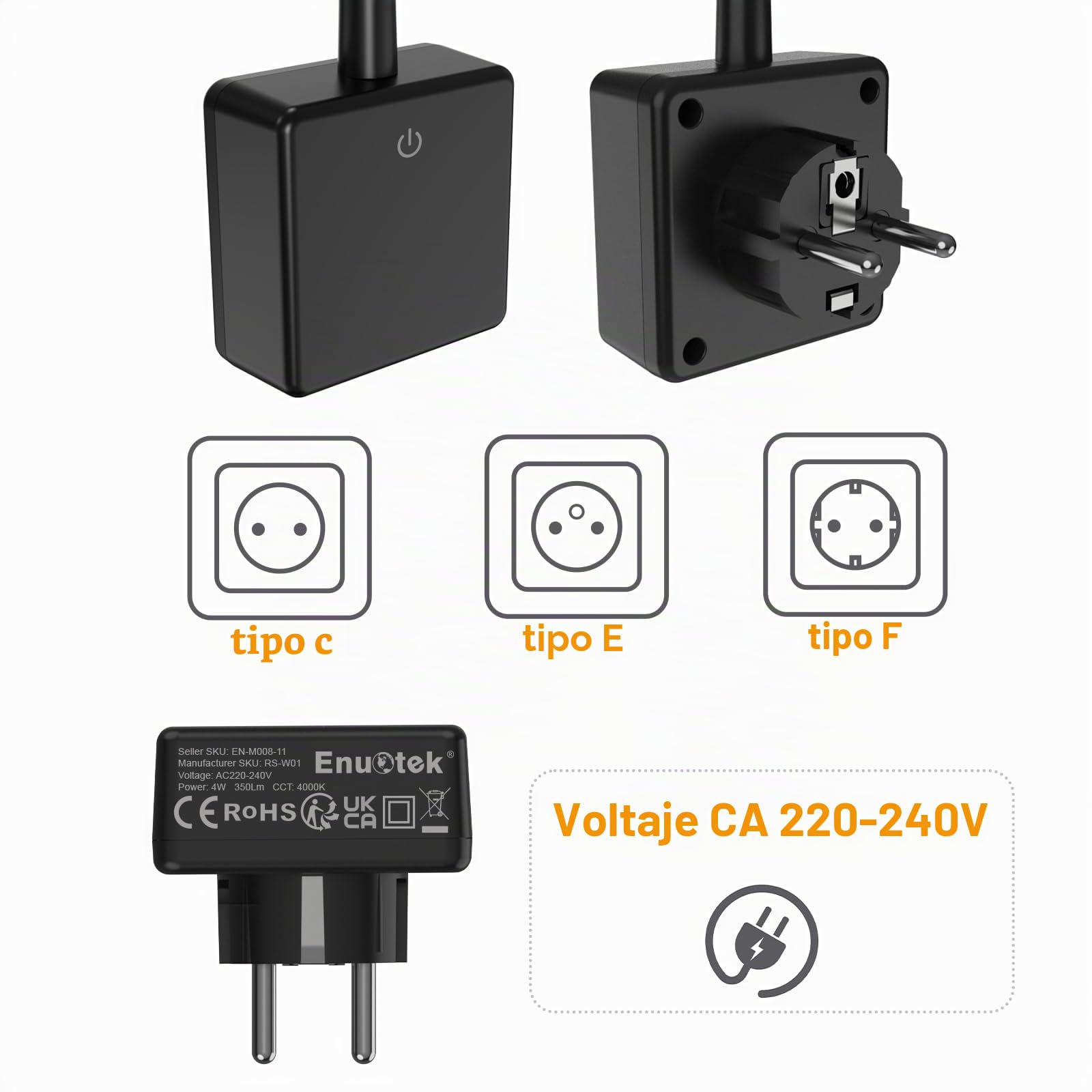 ENUOTEK Lamparas de Lectura Nocturna LED Regulable Tactil con Enchufe Aplique Pared Incorporado 4W 350Lm Luz Neutra 4000K Sin Función de Control Remoto Lot de 2
