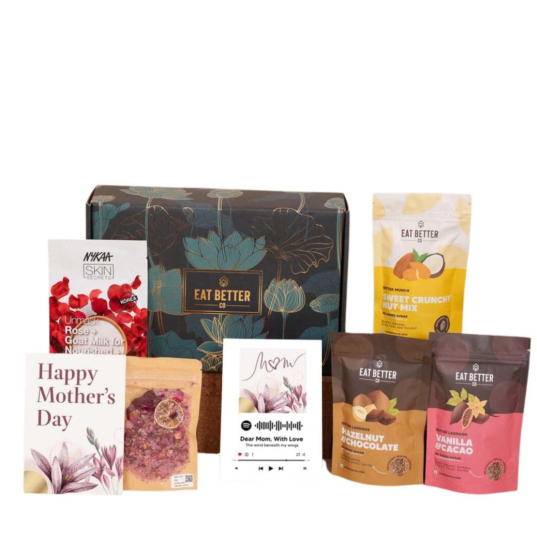 Eat Better Co - Mother’s Day Healthy Snacks Gift Hamper – 10 Items Combo: Healthy Sweets and Millet Namkeen, Chocolate Coated Nuts, Masala Cranberry, Tea Sachets, Seed Bomb, Greeting Card & Spotify Playlist – Gift for Mom