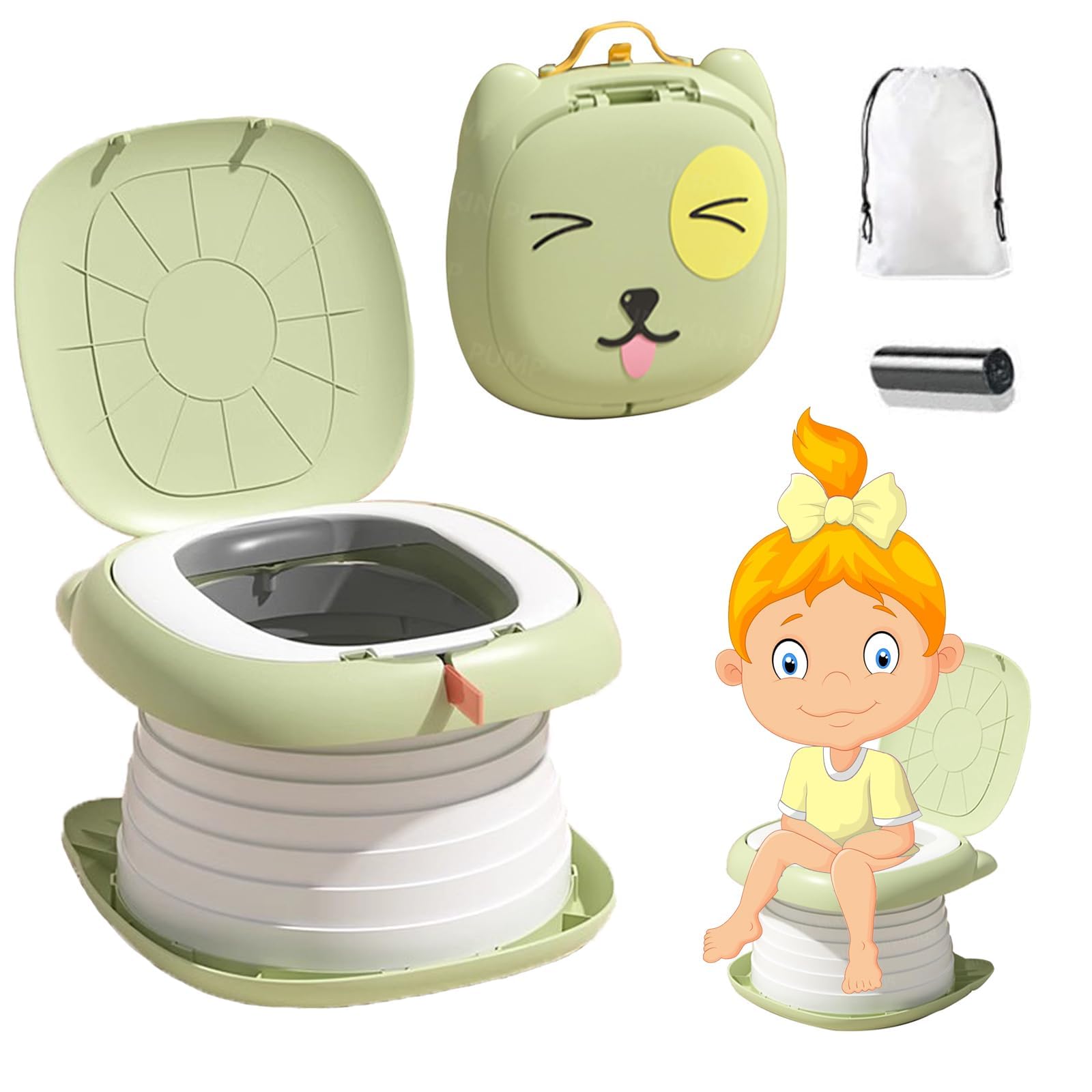 BIGTHREEToddler Baby Potty Toilet, 3 in 1 Folding Little Pottys, Portable Travel Potty Chair, Children's Toilet Trainer Ring, Children's Car Camping Bedpan(Green)