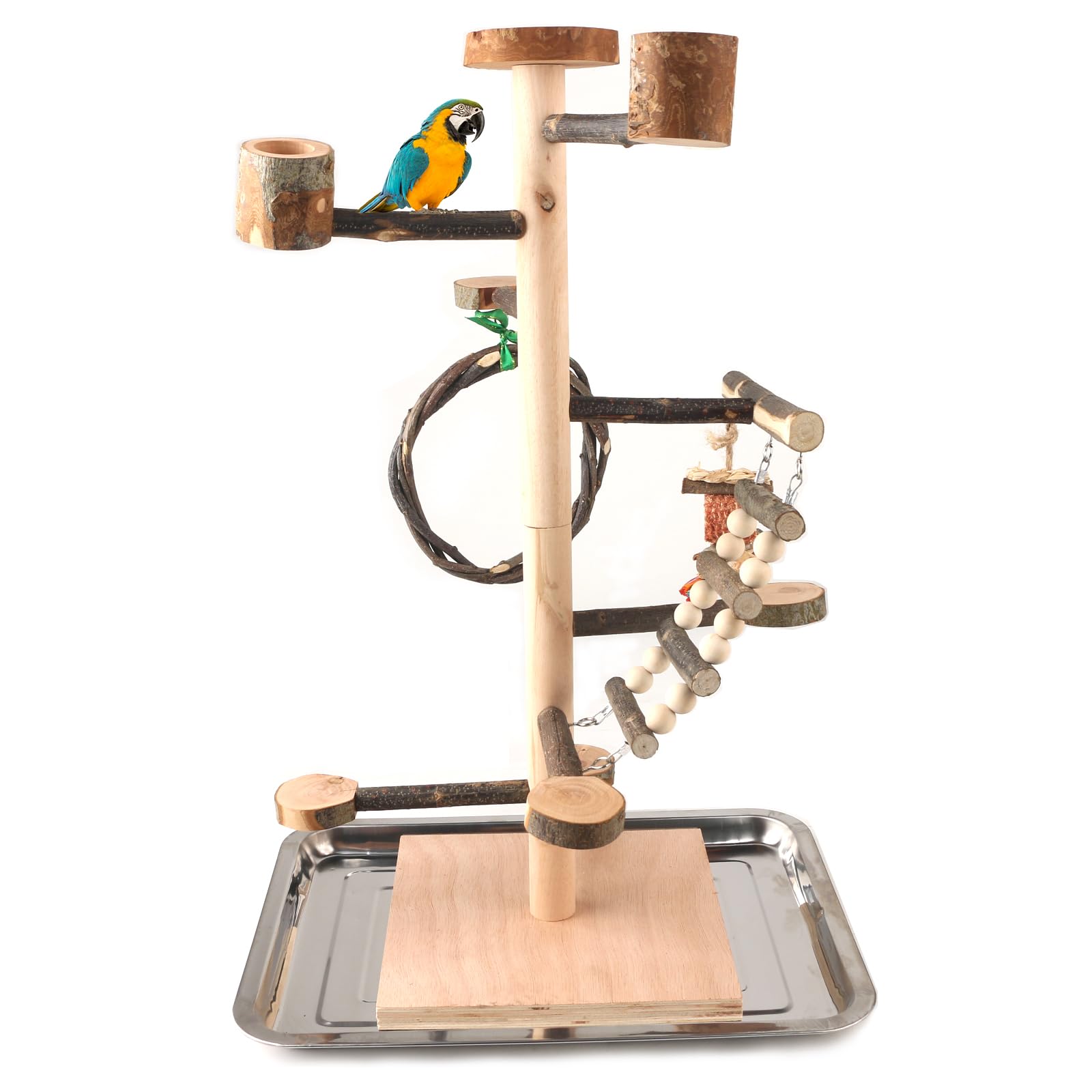 Bird Playground Parrots Play Stand Wood Perches Stand, Bird Gym Playpen Platform Ladder with Feeder Cups Bird Cage Accessories Bird Toys for Cockatiels Budgies Lovebirds