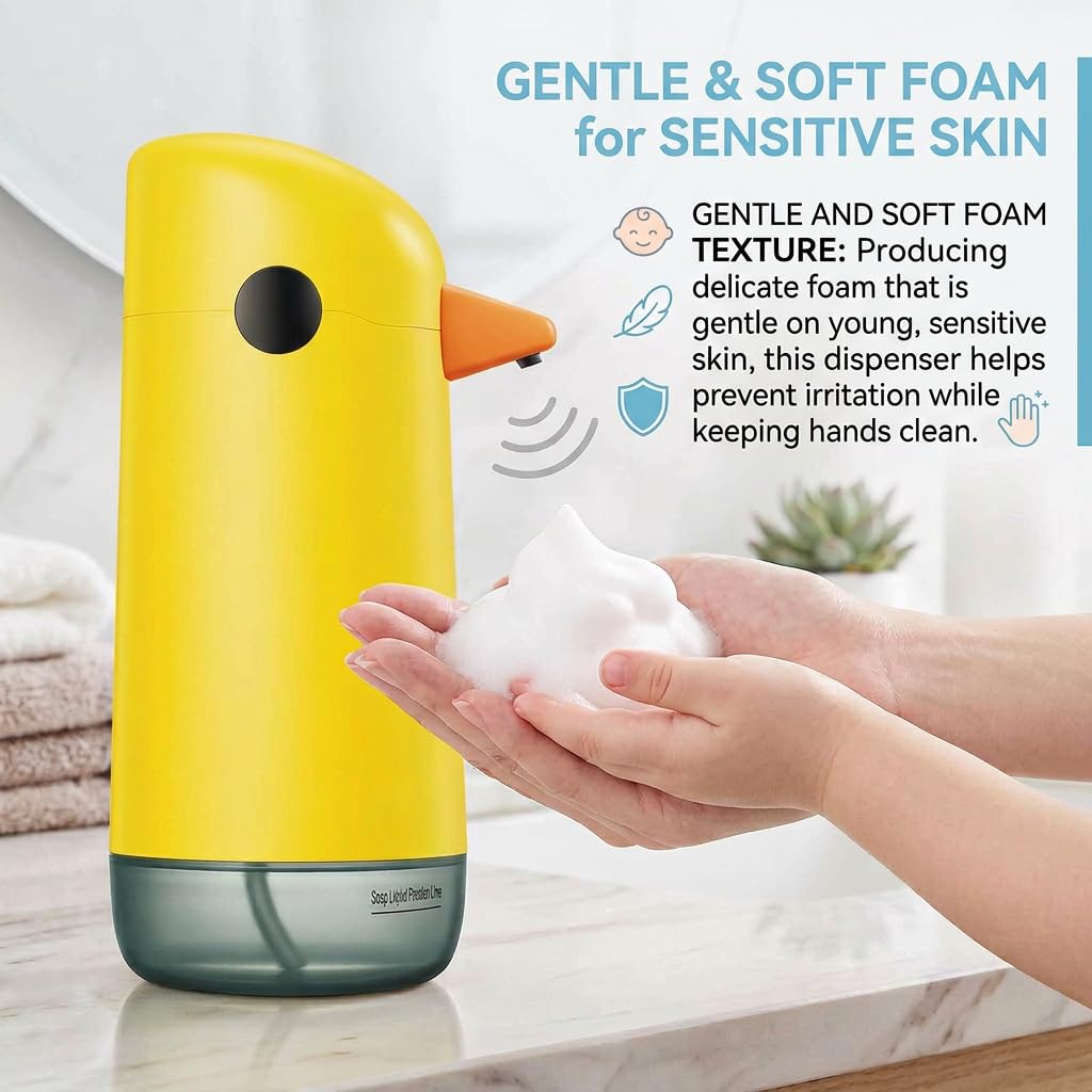 Sxhlseller Dispenser Automatico di Sapone Touchless per Bambini, Simpatico Dispenser di Sapone in Schiuma di Anatra Gialla con Sensore Intelligente, Uscita di Schiuma Regolabile e Livello del