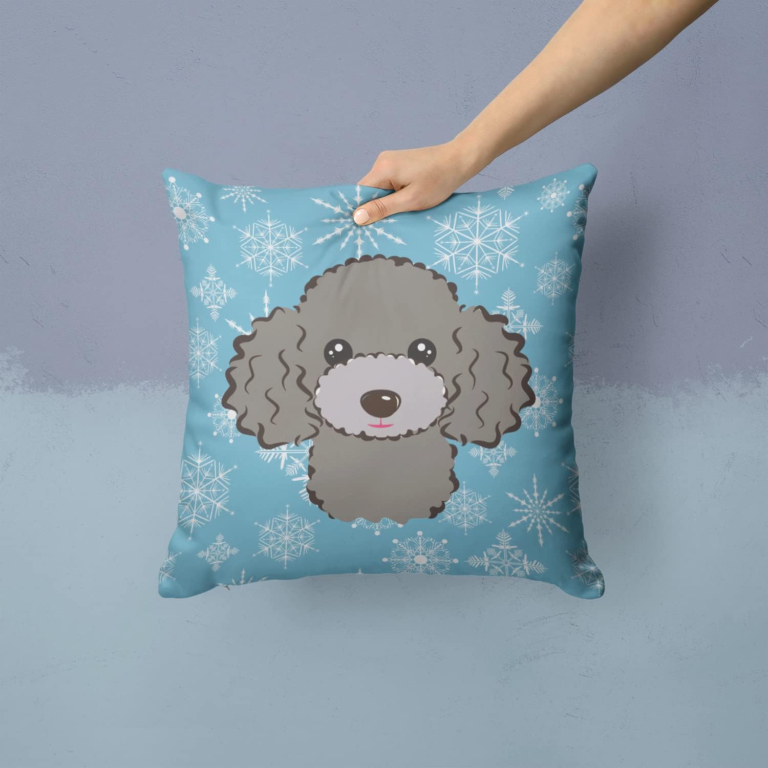 Caroline's Treasures BB1693PW1414 Snowflake Silver Gray Poodle Fabric Decorative Pillow Machine Washable, Indoor Outdoor Decorative Pillow for Couch, Bed or Patio, 14Hx14W