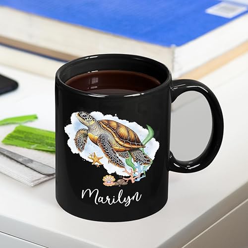 Miniatura 3 de Taza de café con nombre personalizado de tortuga, regalo para hombres y mujeres, taza de cerámica negra de tortuga marina personalizada de 11 15