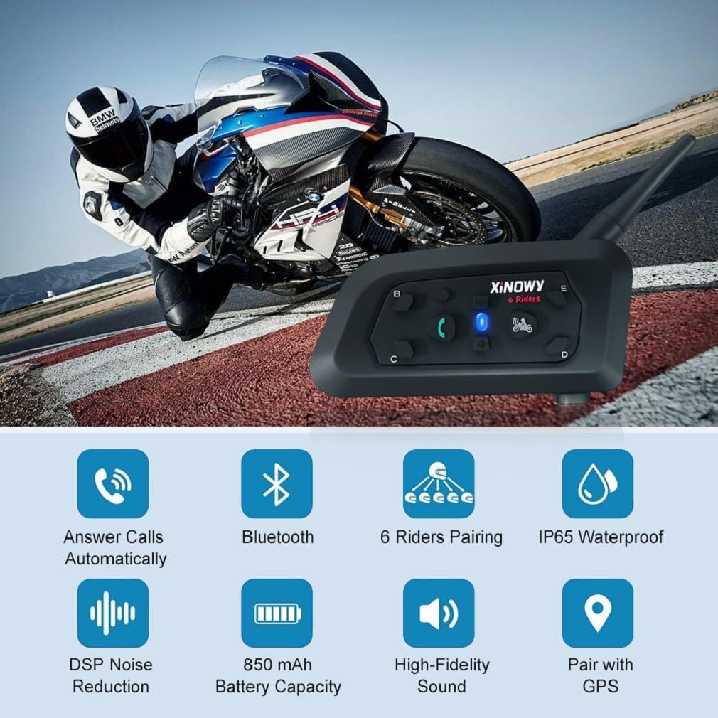 Casque de Moto Intercom V6 Bluetooth Intercom 1200m 6 Riders Communication Mains Libres avec Antibruit Oreillette Microphones pour Moto/Vélo/VTT(2 Pack)