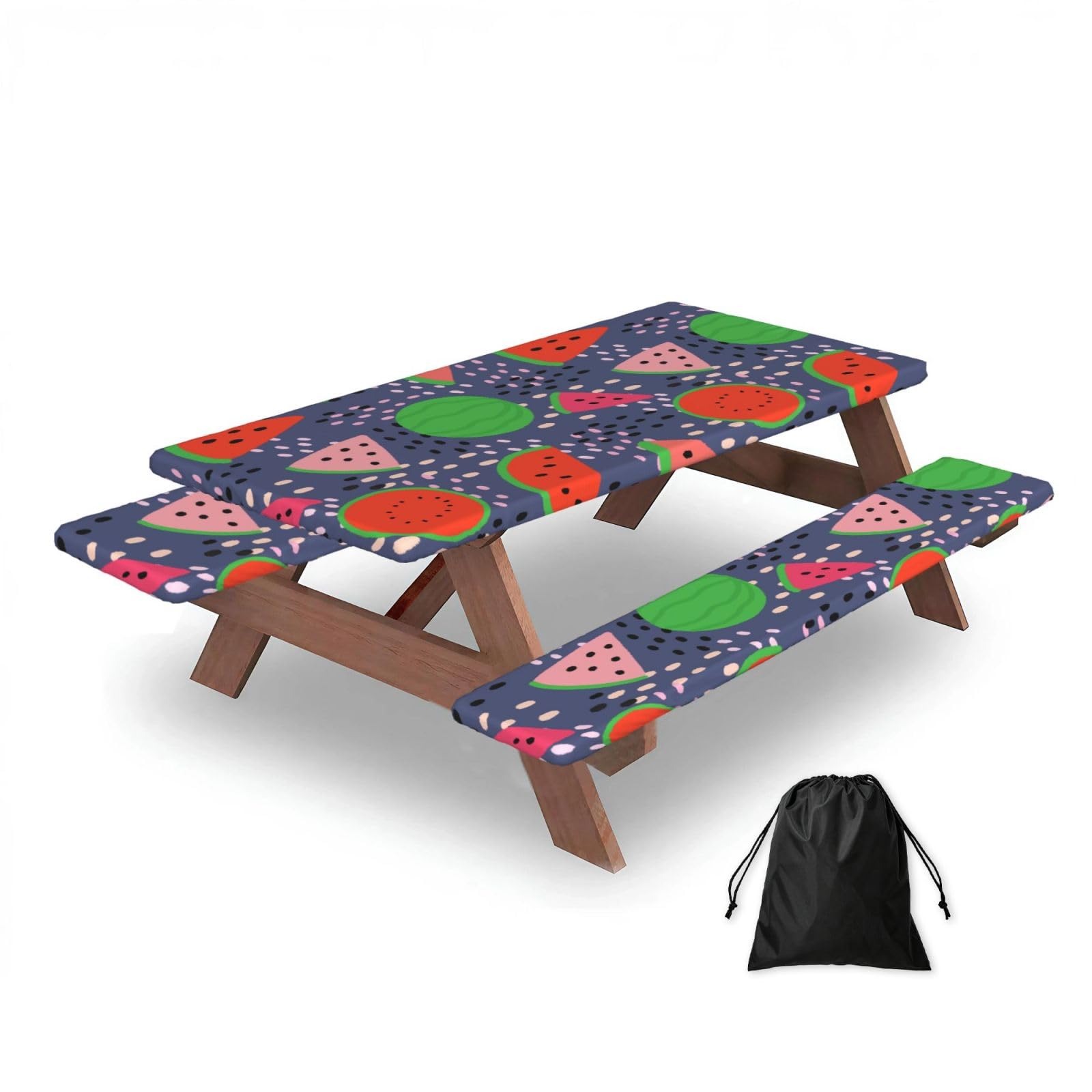 Summer Fruit Watermelon Design, Picnic Table Cover With Bench Covers -Waterproof Elastic Fitted Tablecloth for Garden Camping Patio 76x152cm