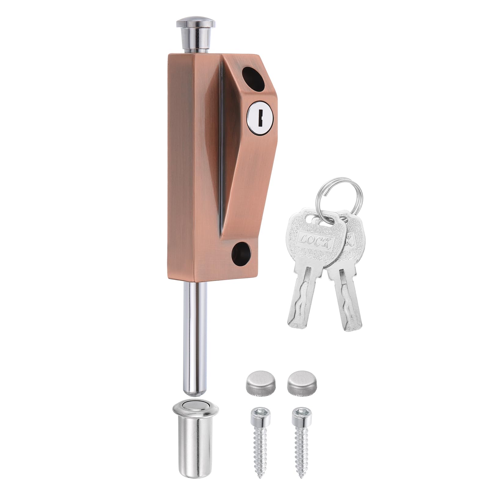 sourcing map Spring Loaded Latch Pin, Sliding Barrel Bolt Door Lock Heavy Duty Vertical Latch Door Lock Cane Bolts with Keys for Glass Gate Window Garage Barn [1Pcs, Red Bronze]