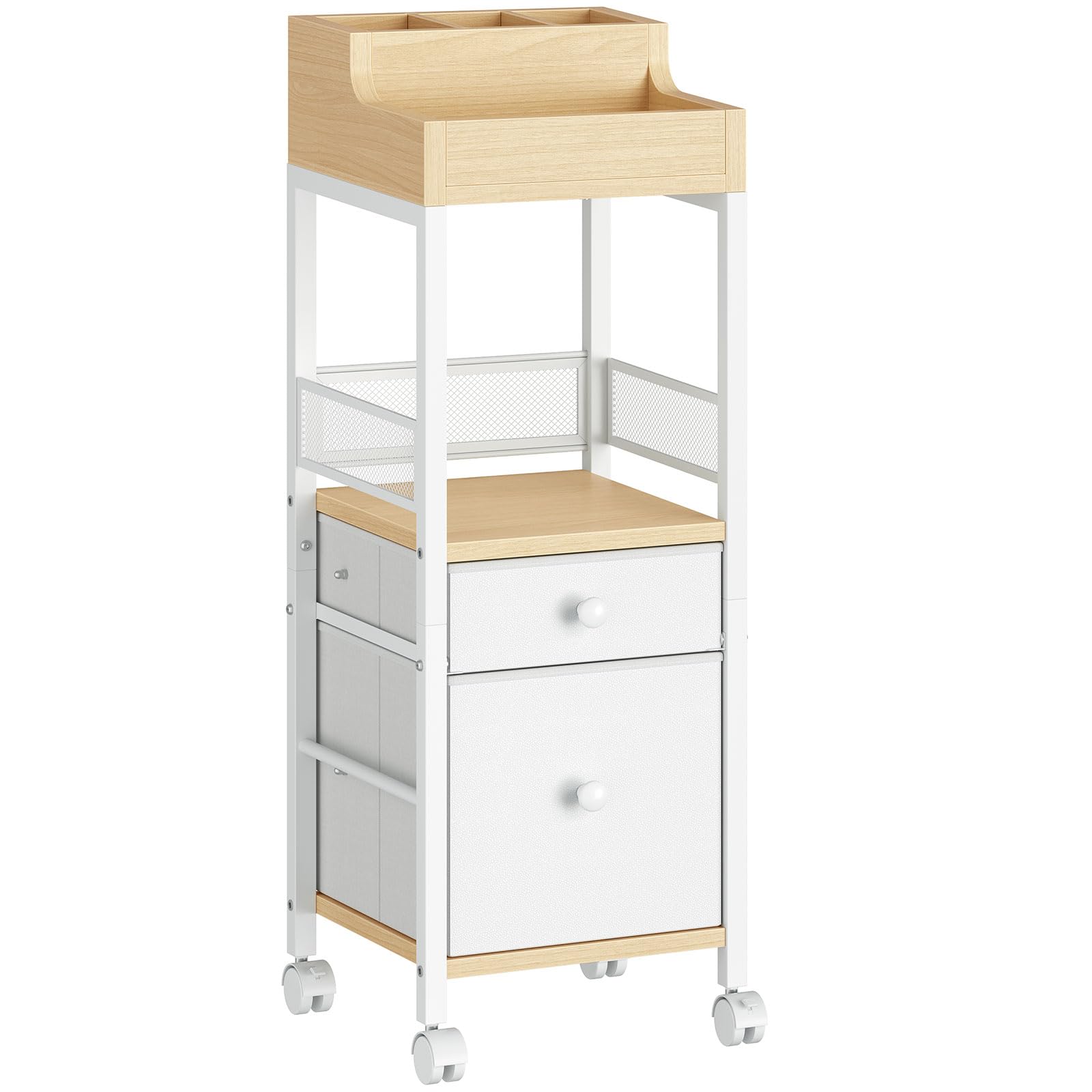 HOOBRO Doppel-Schubladen Kosmetikwagen, Mobiler Schminkwagen, Kosmetik-Aufbewahrungswagen, Badrollwagen für Hautpflegeprodukte, Pinsel, Nagellack, Friseurbedarf, Weiß und Natur EWN19TC04