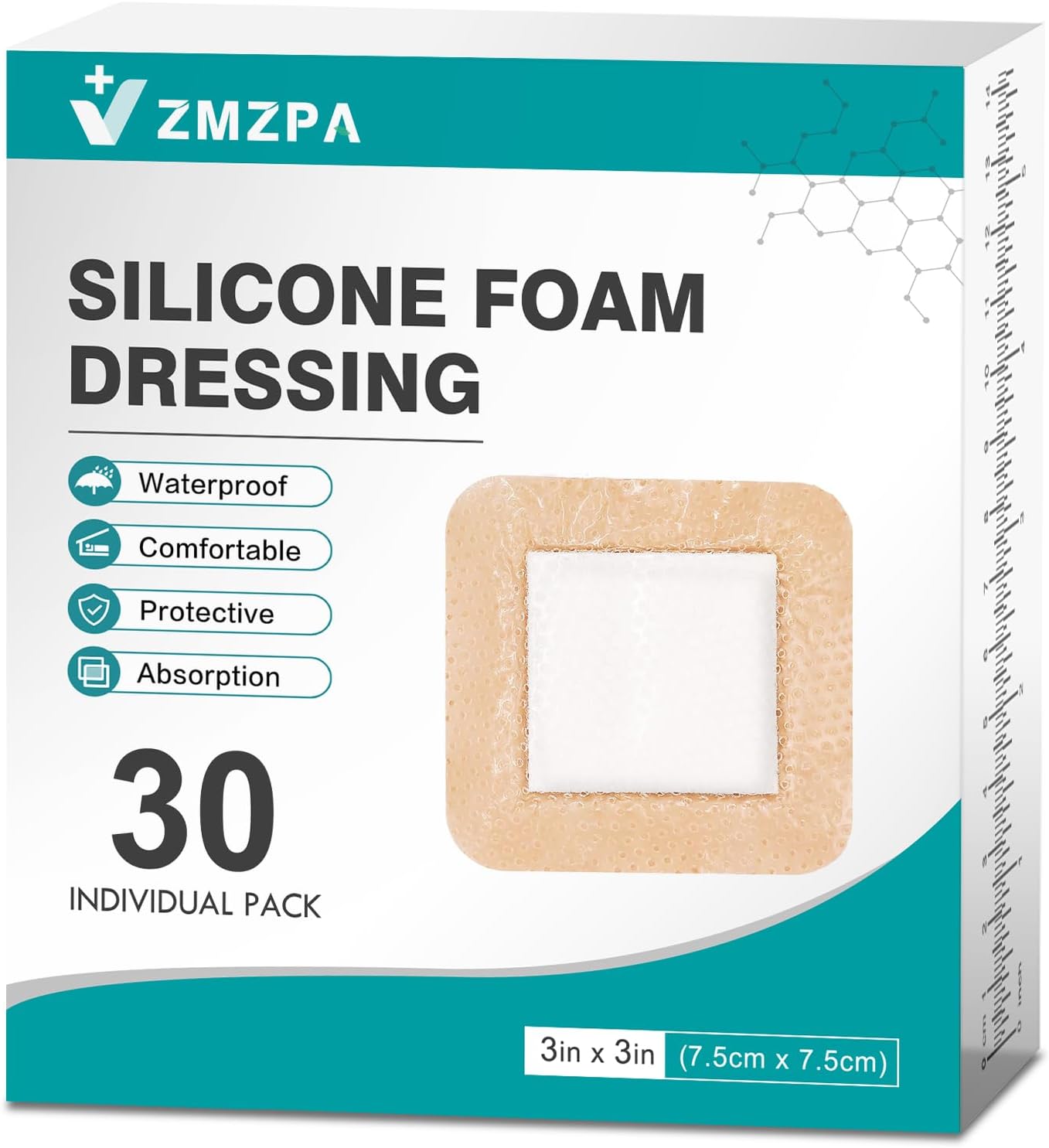 Silicone Foam Dressing 3x3 Gentle Border, Waterproof Silicone Bandages for Wounds Care, Bed Sore Patches, Super Absorbent Wound Dressing, Self Adhesive Pressure Sore Pads (30)