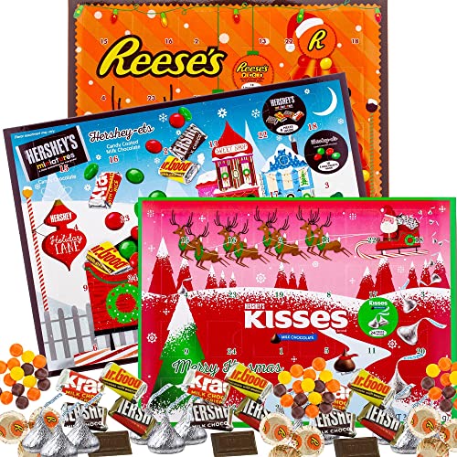 2021 Hershey Chocolate Advent Calendar Christmas Gift Set, Reese's, Kisses, and Hershey Miniatures, Set of 3