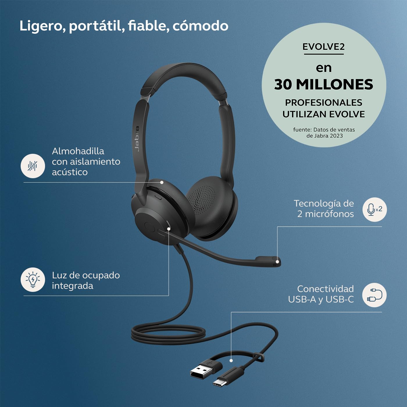 Auriculares supraaurales con cable Jabra Evolve2 30 SE para teléfonos, estéreo, negros, con cancelación de ruido y micrófono.