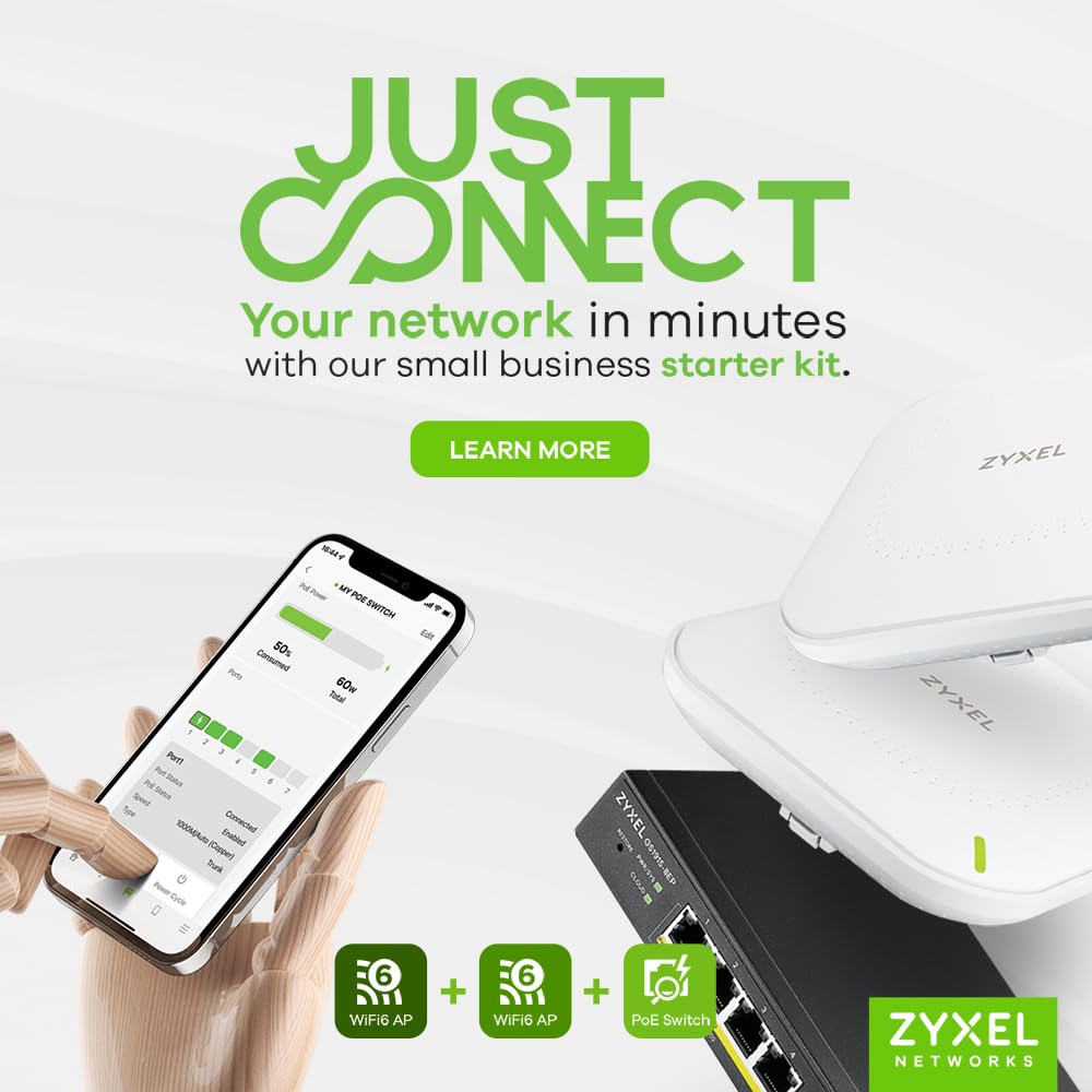 Zyxel Nebula Simplicity Starter Kit 2X WiFi 6 Puntos de Acceso & 8-Port PoE Smart Managed Switch [NWA90AX & GS1915-8EP]