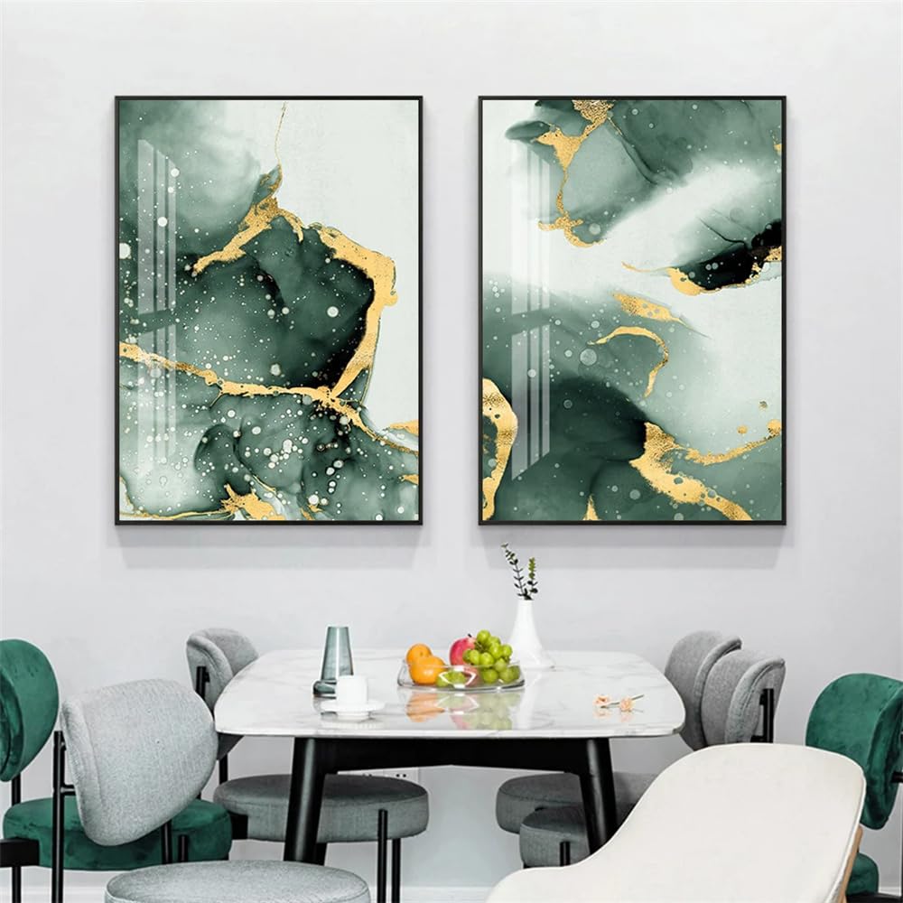 WBYZAC 2 Pieces Poster-Abstract Dark Green Golden Watercolor Ink Wall Art Canvas Poster Painting Print Picture for Living Room Interior Office Home Decoration-60 * 80cm (No Frame)