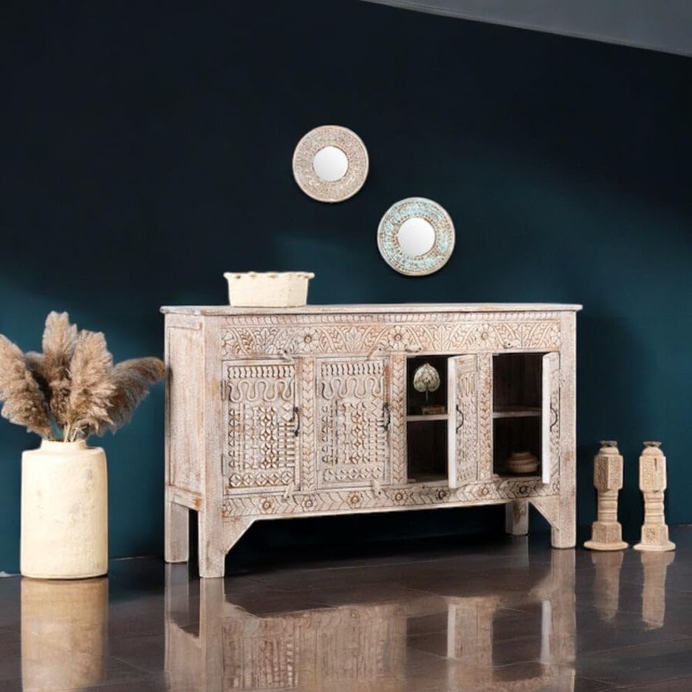 TGF Furniture Store Hand-Carved Wooden Sideboard Cabinet, Whitewashed Finish, 4 Doors with Traditional Design, Decorative Storage Console-image-14