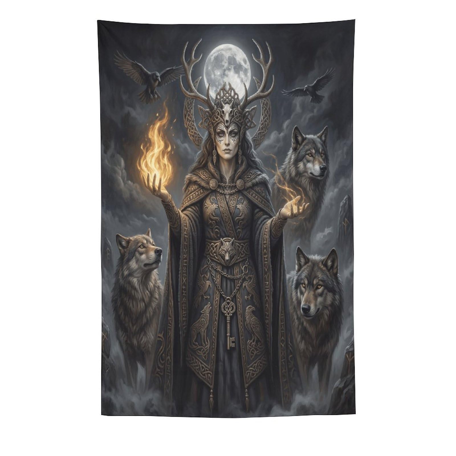 W7C8U2X3 Wolf Goddess Moonlit Wall Tapestry, Realistic Illustration