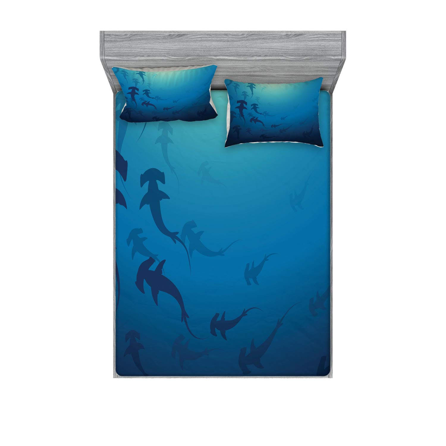 Ambesonne Sea Animals Fitted Sheet & Pillow Sham Set, Hammerhead Shark School Scan Ocean Dangerous Predator Wild Nature Illustration, Decorative Printed 3 Piece Bedding Decor Set, Calking, Blue Ocean