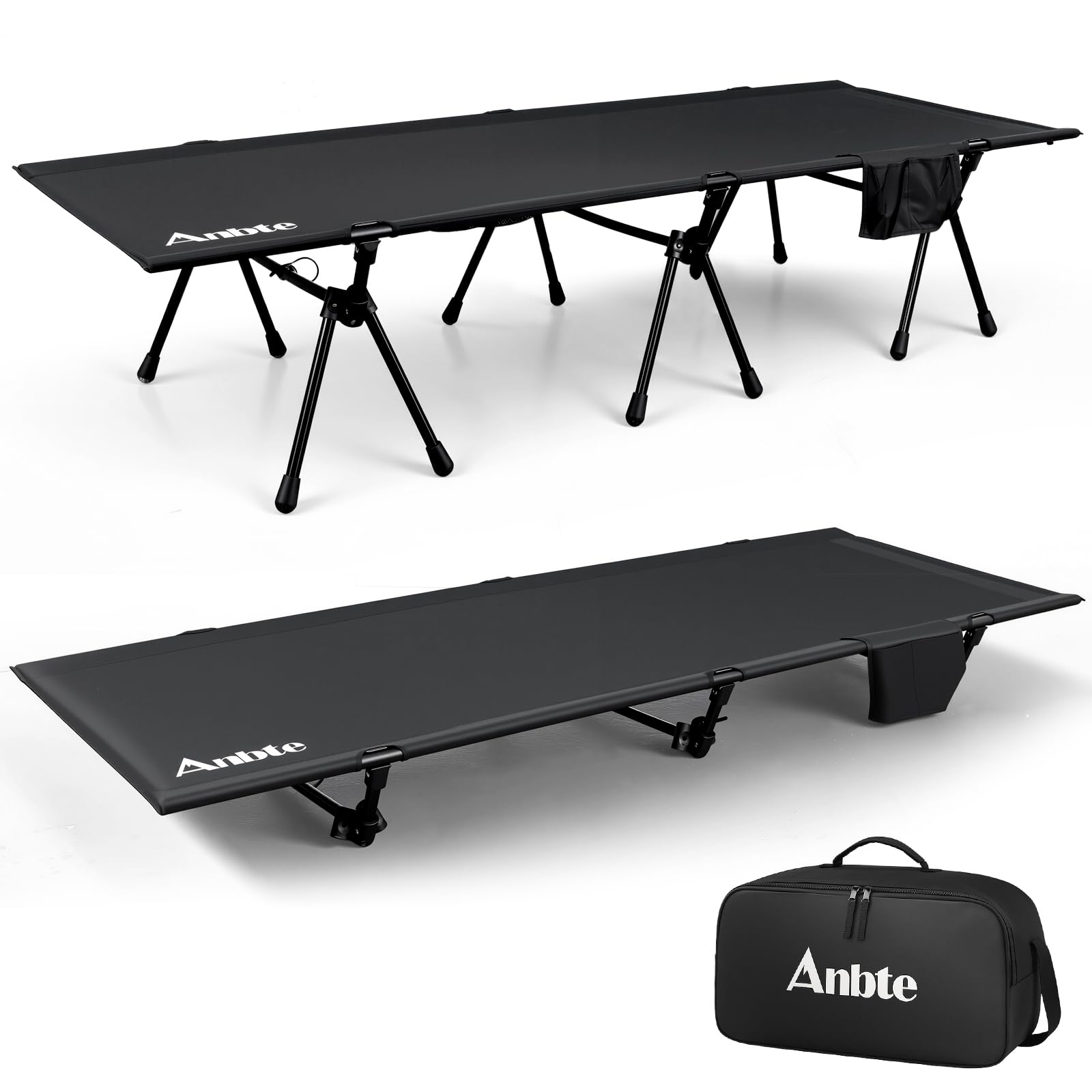 Anbte Height Adjustable Folding Camping Bed with Storage Net & Bag, Support 180 KG Comfortable Camping Cot for Adults, Ultralight camp bed for Outdoor Travel Beach Office, 190 x 70 x [16/42] cm, Black