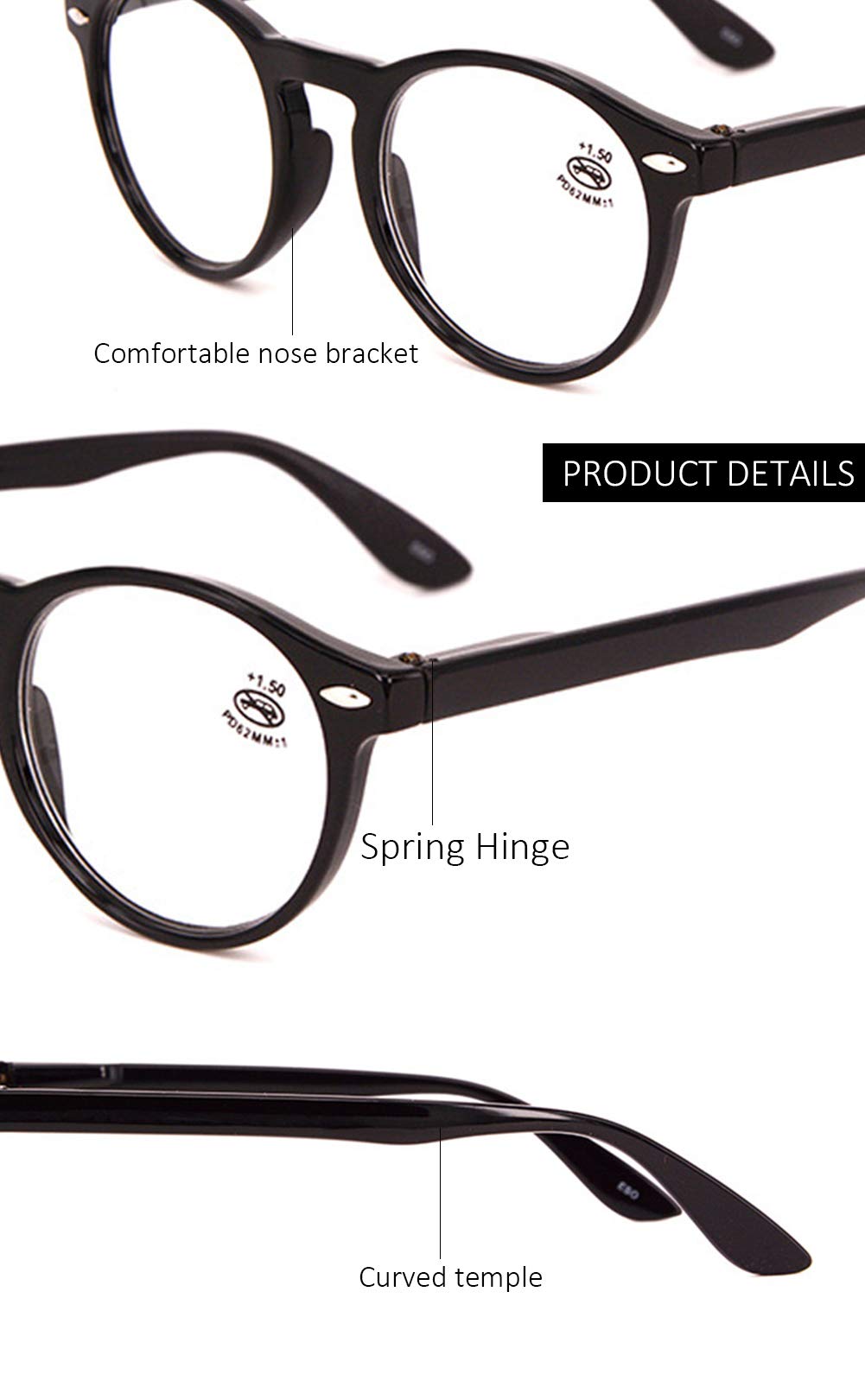 KOOSUFA Lesebrille Herren Damen Retro Runde Nerdbrille Lesehilfen Sehhilfe Federscharniere Vollrandbrille Anti Müdigkeit Brille mit Stärke 0.0 1.0 1.5 2.0 2.5 3.0 3.5