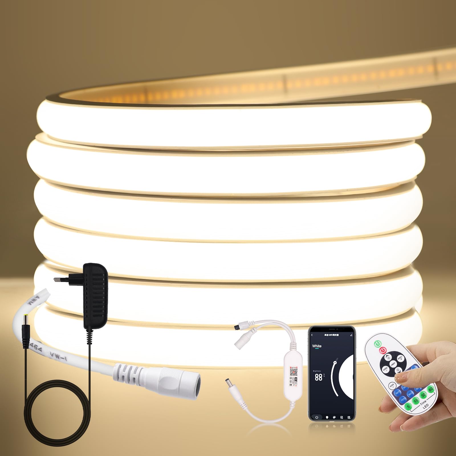 KISUFU Tira LED COB 24V, 320 LEDs/m Luces LED Impermeable IP65 neon luces de cinta LED con Dimmer monocromático ir de 23 teclas wifi para Exterior Decoración del Hogar, Cocina, Espejo.