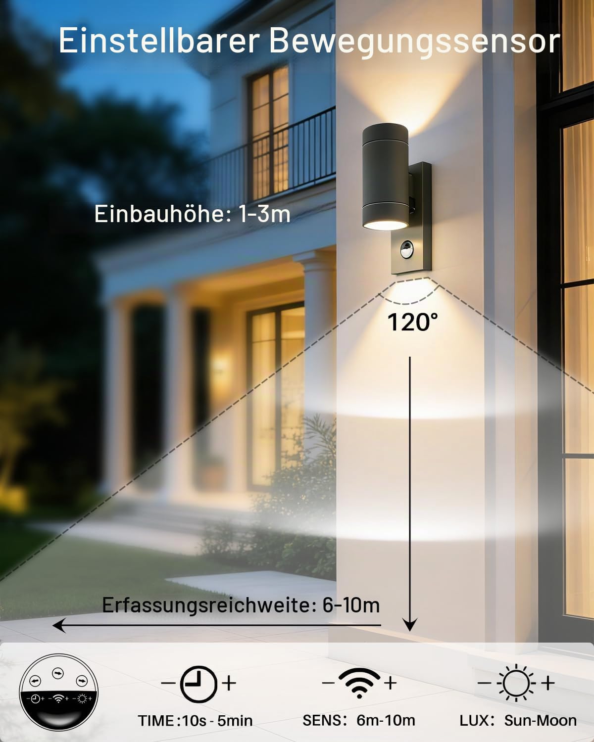 Aussenlampe mit Bewegungsmelder, Up and Down Außenlampe GU10 | IP65 Wasserdichte Wandleuchte Aussen, Aluminium Wandlampe Aussen für Wand, Haustür, Terrasse, Balkon, Anthrazit, 2 Stück