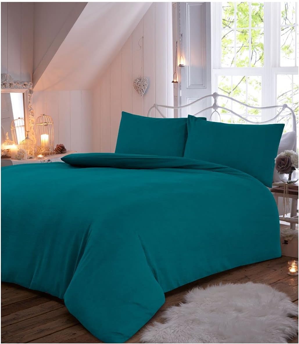 Gc Gaveno Cavailia Teal Breathable Plain Dyed Flannel Bedding Sets, Brushed Cotton Duvet Cover, Reversible Double Bed