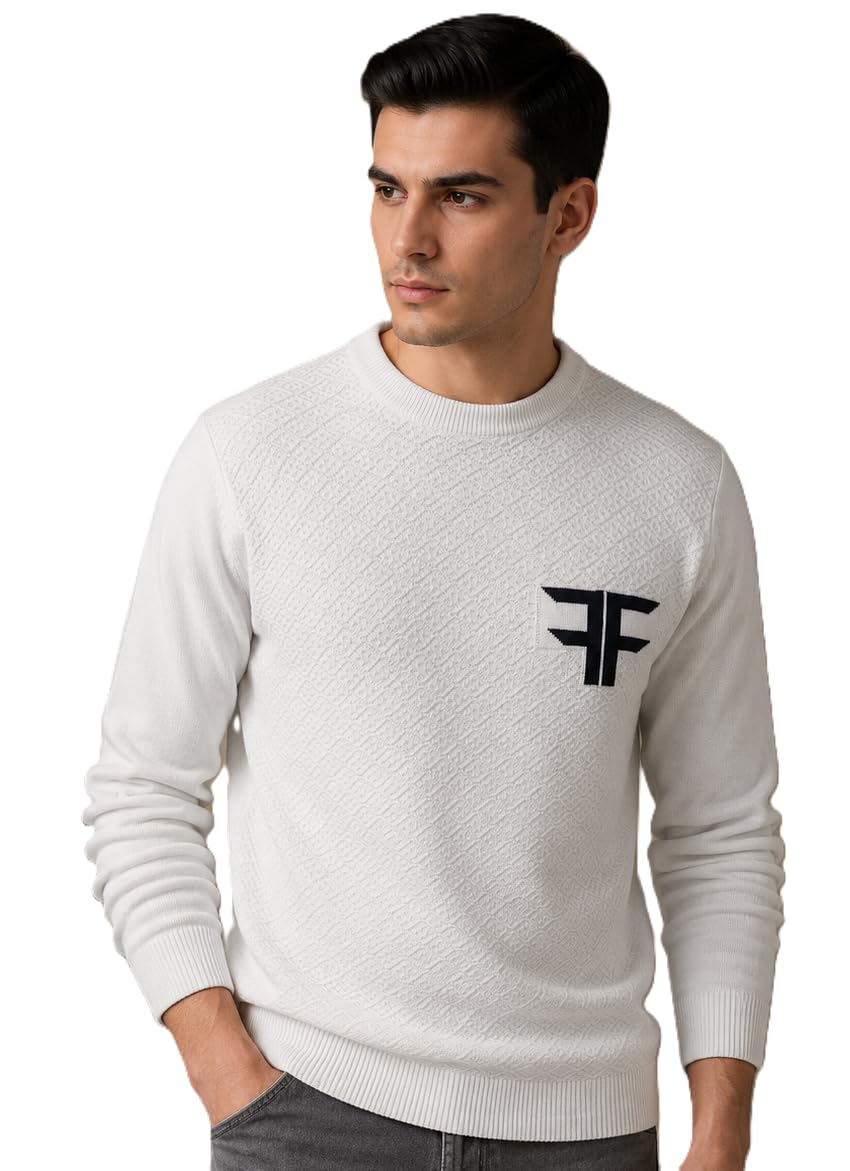 feverfew Men's Cotton Round Neck Pullover Sweater | Self Design Regular Fit Winter Wear for Men Sweater-picture-9