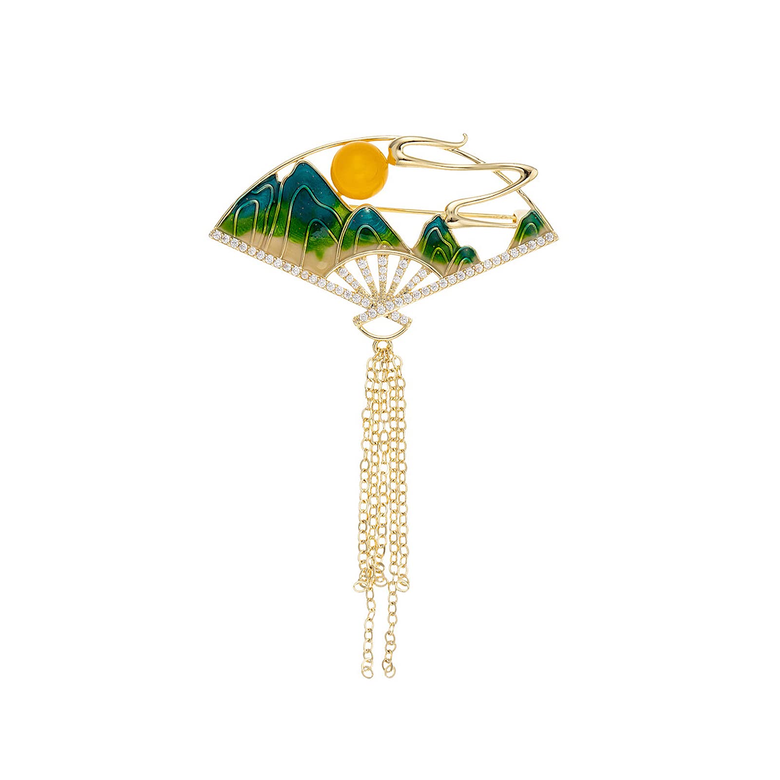 Brosche Pins für Frauen Mode Fan Form Pin grüne Emaille chinesischen Stil Brosche Brosche Schmuck mit Kette, Messing, Zirkonia