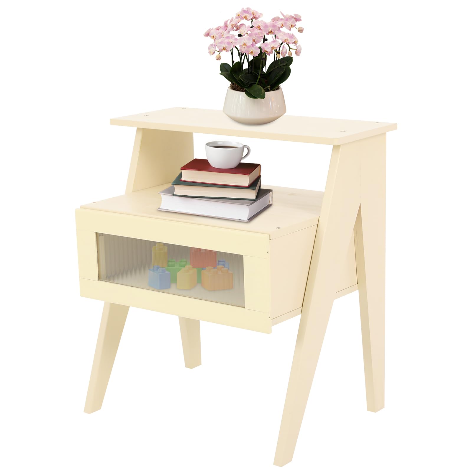 Comodino, tavolino con finestra trasparente e ripiano aperto, gambe in legno, comodino, tavolo con vano portaoggetti per camera da letto, dormitori, 43 x 31 x 50 cm