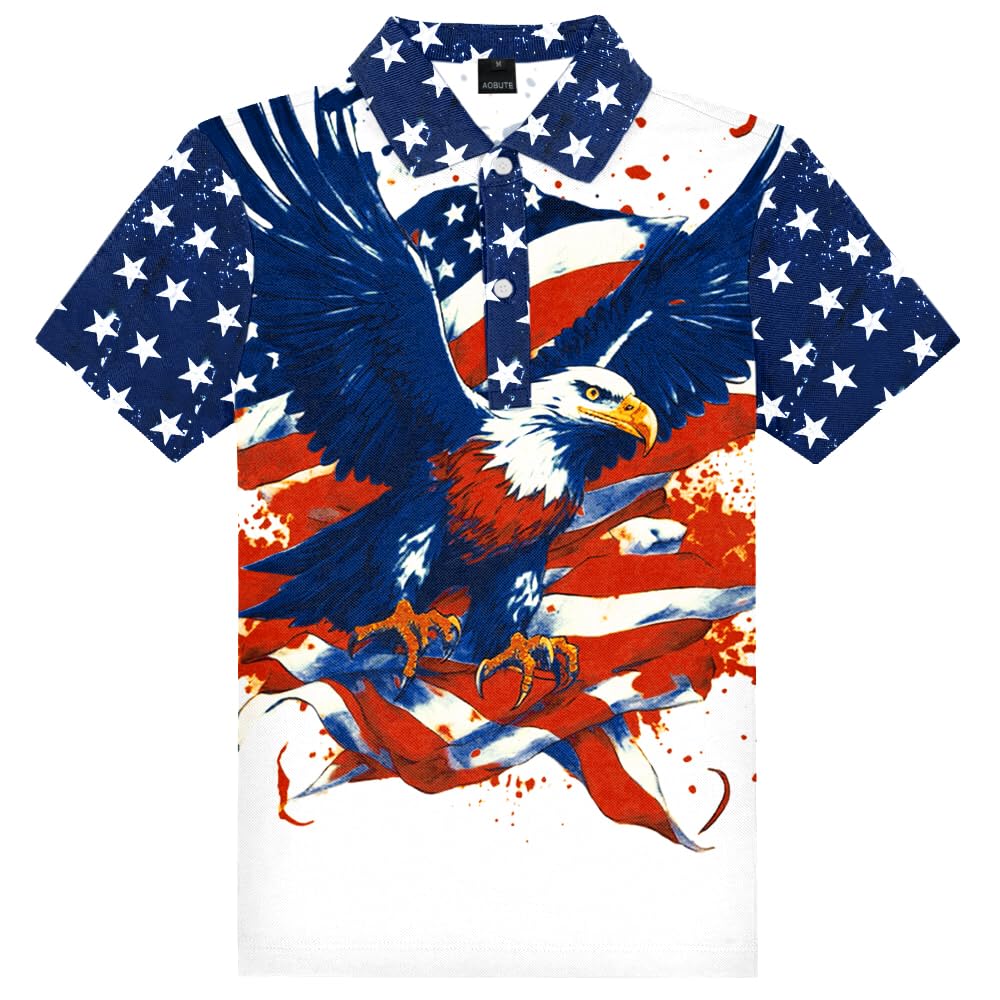 AOBUTE Kids 4th of July Polo American Flag Short Sleeve Button Down Shirts Tops 3-14 Years