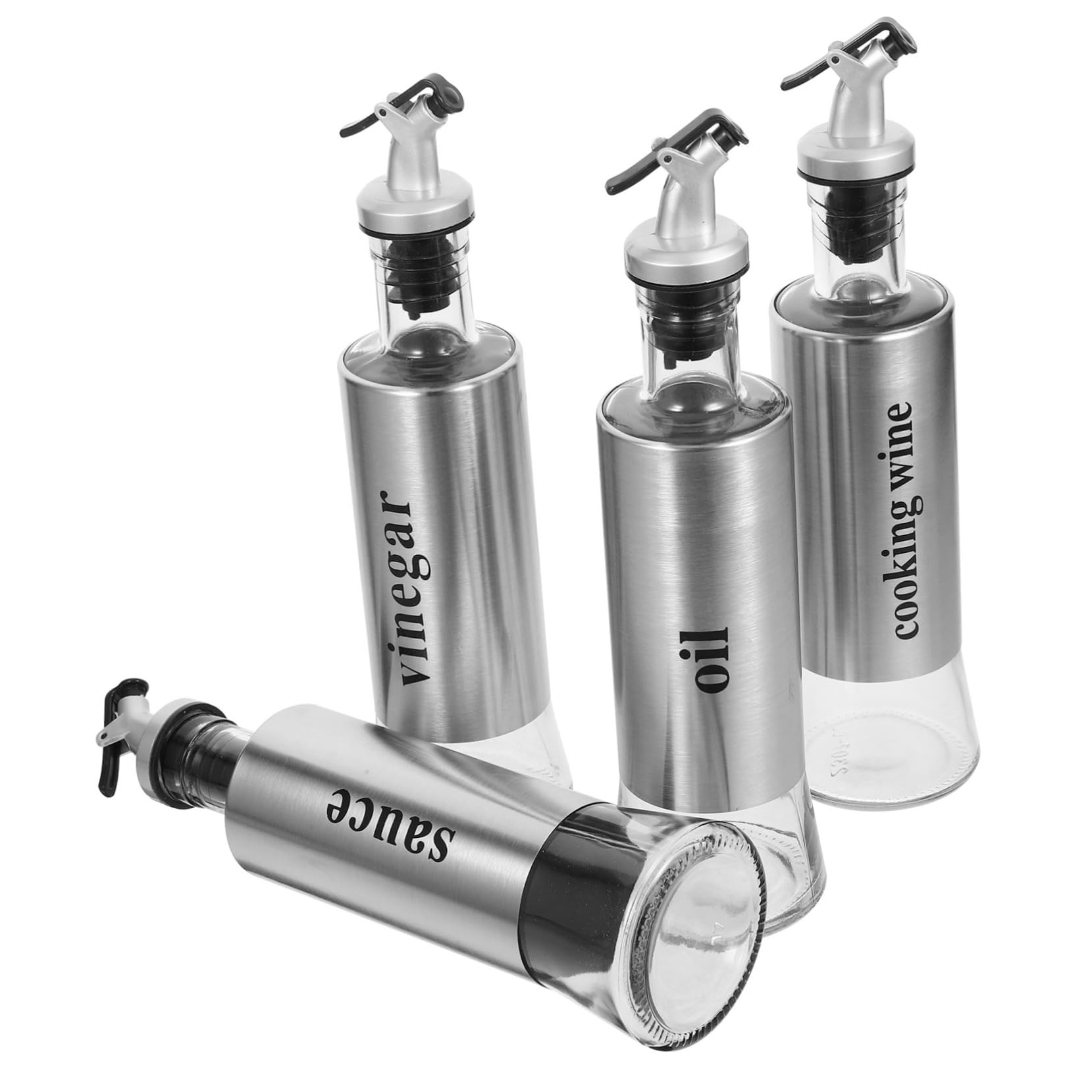 Cabilock Set de 4 Botellas Dispensadoras de Aceite y Vinagre de 300ml Diseño Elegante de Acero Inoxidable y Vidrio para Cocinas y Restaurantes