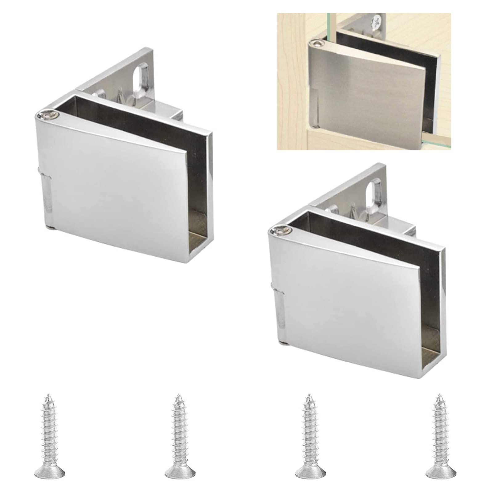Ufurmate Silver Glass Door Hinge, 2Pcs Zinc Alloy Frameless Glass Hinge 90 Degree Side Mounted Hinge Single Side Clamp With Screws, For 3-5Mm Thick Glass (Bright Surface)