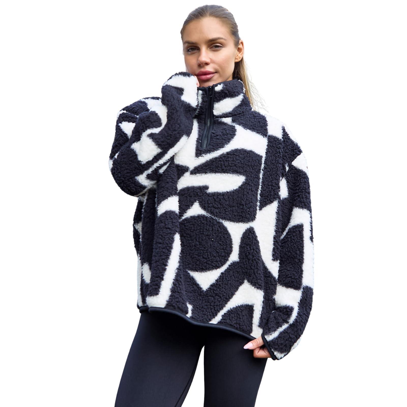 Ohs Unisex Monochrome Fleece Jacket Women Half Zip, Geometric Teddy Fleece Jacket Soft Cosy Warm Winter Clothing Women's Jackets Half Zip Sweatshirt Women Long Sleeve Ladies Jackets Top For Outdoor, - L/Xl