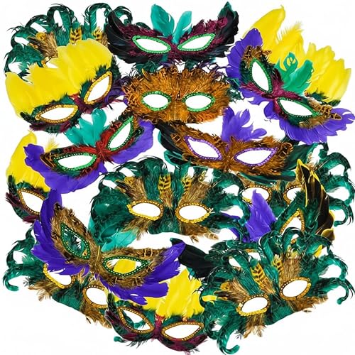 Bedwina Mardi Gras Masks - (Pack of 50) Bulk Carnival Masquerade Mask Costume Party Supplies, Feather Mardi Gras Decorations for Women, Men and Kids