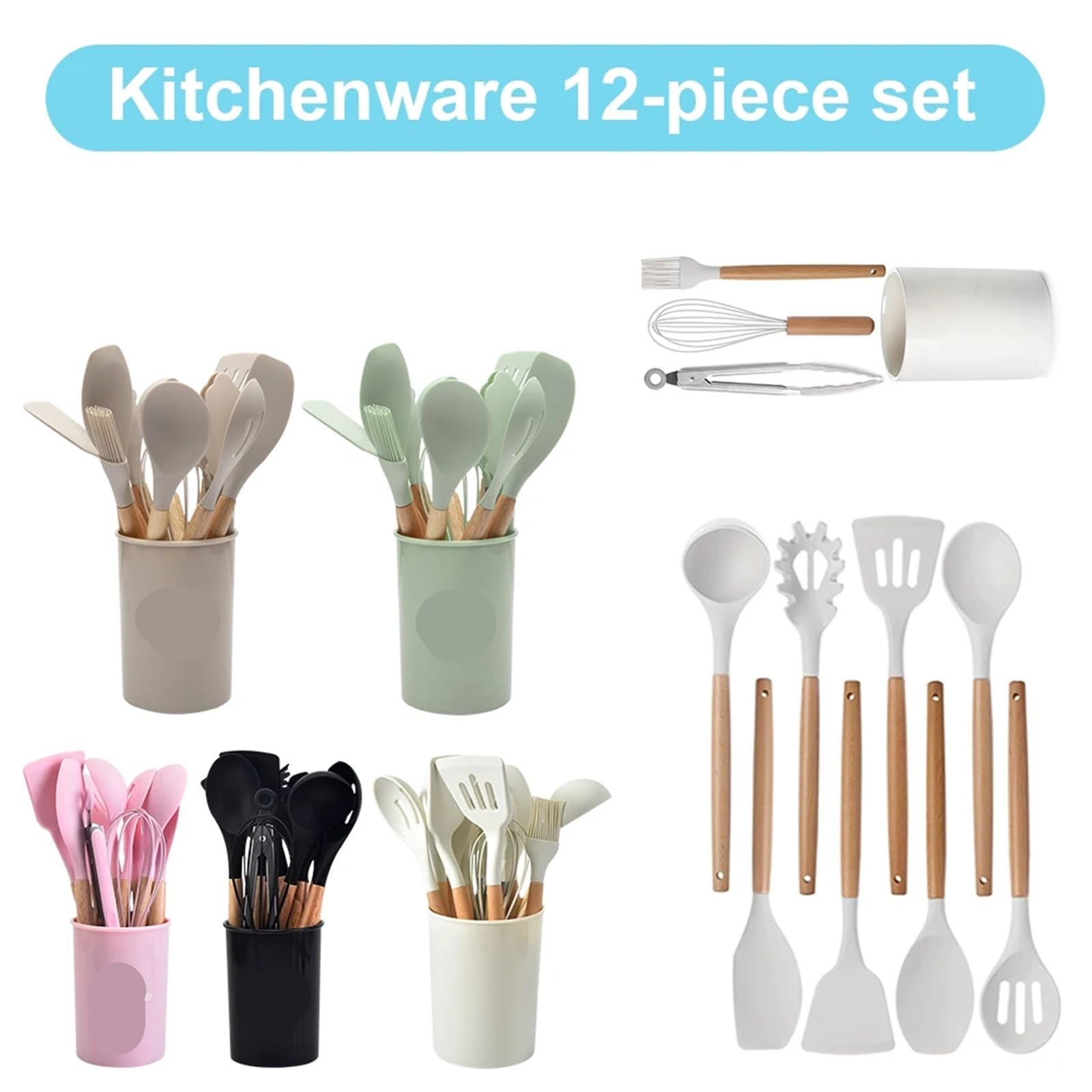 Silikon Küchenhelfer Set 12-teiliges Küchenutensilien-Set, Silikon-Spatel, Holzgriff, hitzebeständiges Kochgeschirr, Löffel, Pinsel, Schneebesen