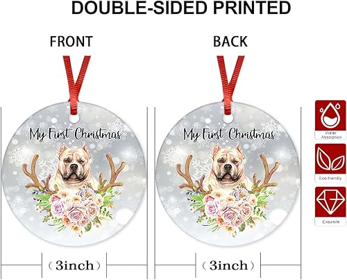 Miniatura 2 de Adornos redondos de cerámica para la primera Navidad en nuestro nuevo hogar, adorno de cerámica con círculo de perro matón americano, 3 pulgadas,