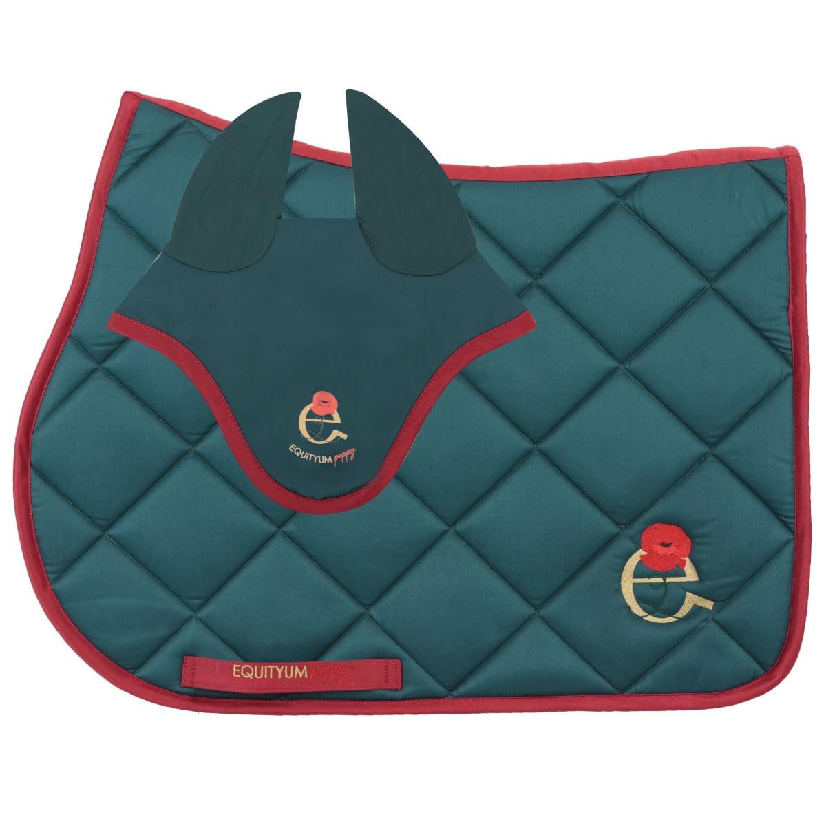 Sottosella + Cuffietta Equityum Poppy,Alta Qualità, Design Italiano, Materiali Innovativi, Traspirabilità e Dettagli Raffinati per il Comfort del Cavallo (verde/rosso, cob)