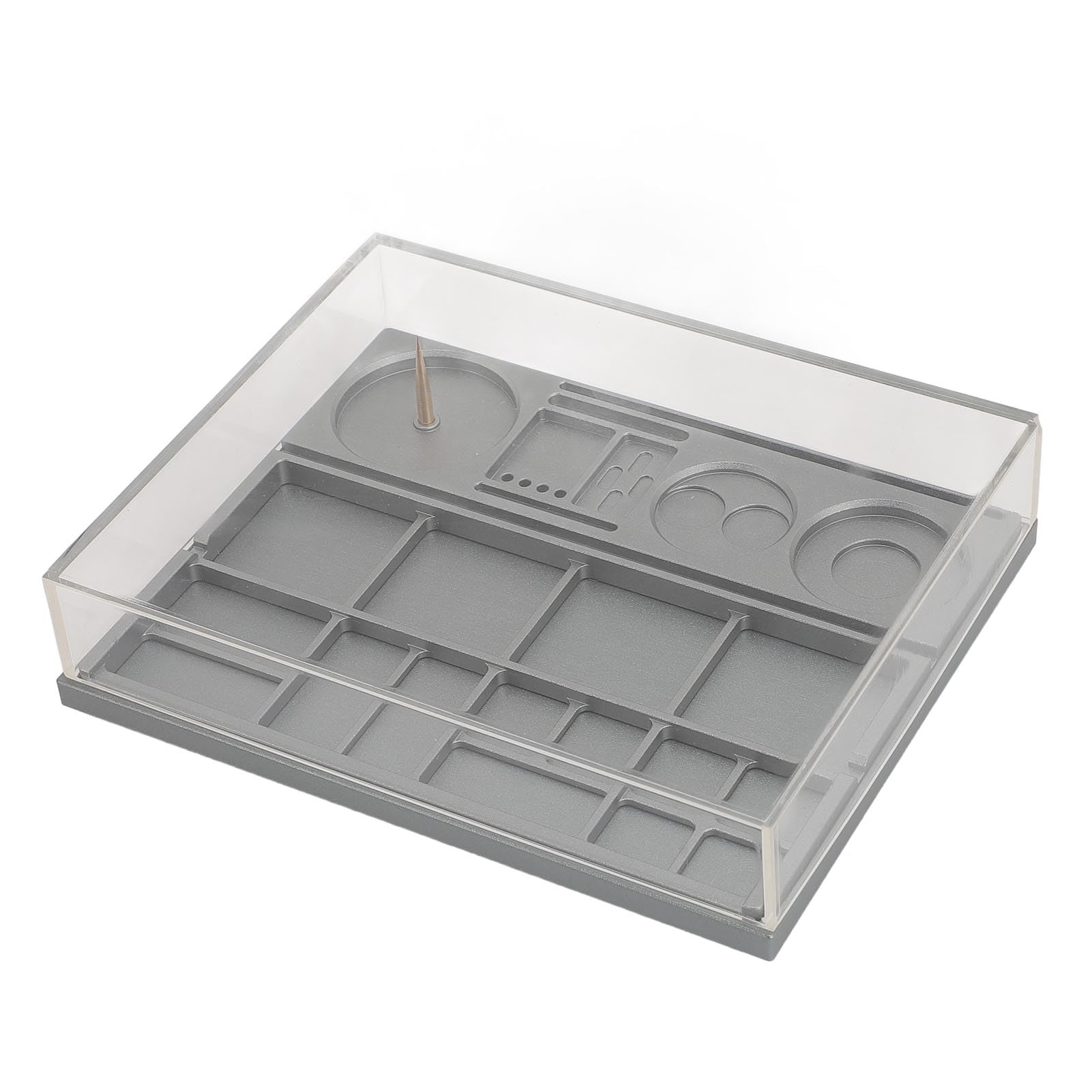 Pudełko do Przechowywania Części do Zegarków ze Wspornikiem Zacisku Koła Balansowego – Tacka ze Stali Stopowej + Akrylowa Osłona Mechanicznej Naprawy Zegarków, Porządkuje śruby, Sprężyny,