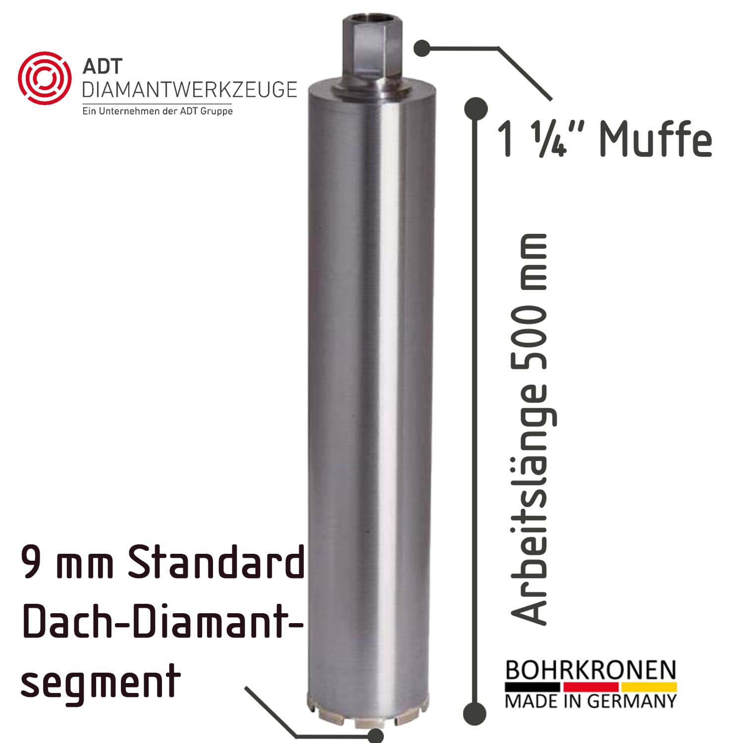 ADT DIAMANTWERKZEUGE | Diamantbohrkrone Economy Line für Beton, Ziegel & Mauerwerk, Kernbohrer mit 9 mm Dach-Segment & 500mm Nutzlänge | Ø 225mm