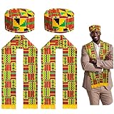 Wehhbtye 2 Set Kente Kufi Hat and Stole, African Pattern Sash Scarf with Men Hat, African Print Kente Clothing Accessory for Black History Month Kwanzaa Celebration Graduation Choir