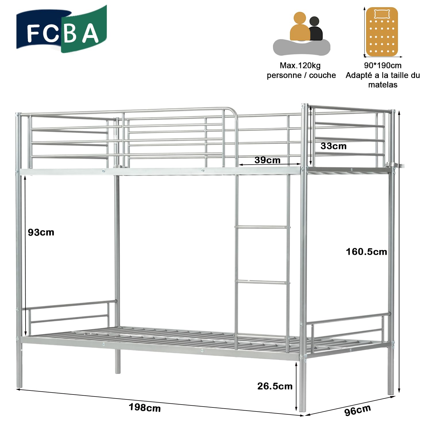 MEUBLE COSY Letto a Castello 2 Posti 90x190cm con Rete a Doghe in Metallo Letti per Camerette Adulti e Bambini Casa, Grigio
