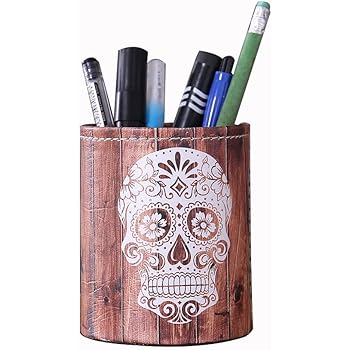 Amazon Com Linkwell Antique Halloween Wood Slat Sugar Skull Pu Leather Pencil Pen Holder Desk Organizer Ph03 Office Products